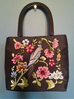 Vintage Y2K Talbots Embroidered Songbird & Floral Handbag - Black